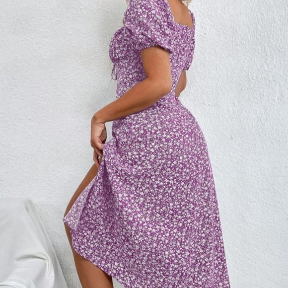 Shein Dress 6 Medium Lilac Purple Pink Floral Long Midi Puffy Short Sleeve Slit - Picture 3 of 5